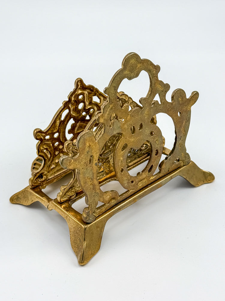 Vintage Brass Triple Letter Holder with Ornate Filigree Detail