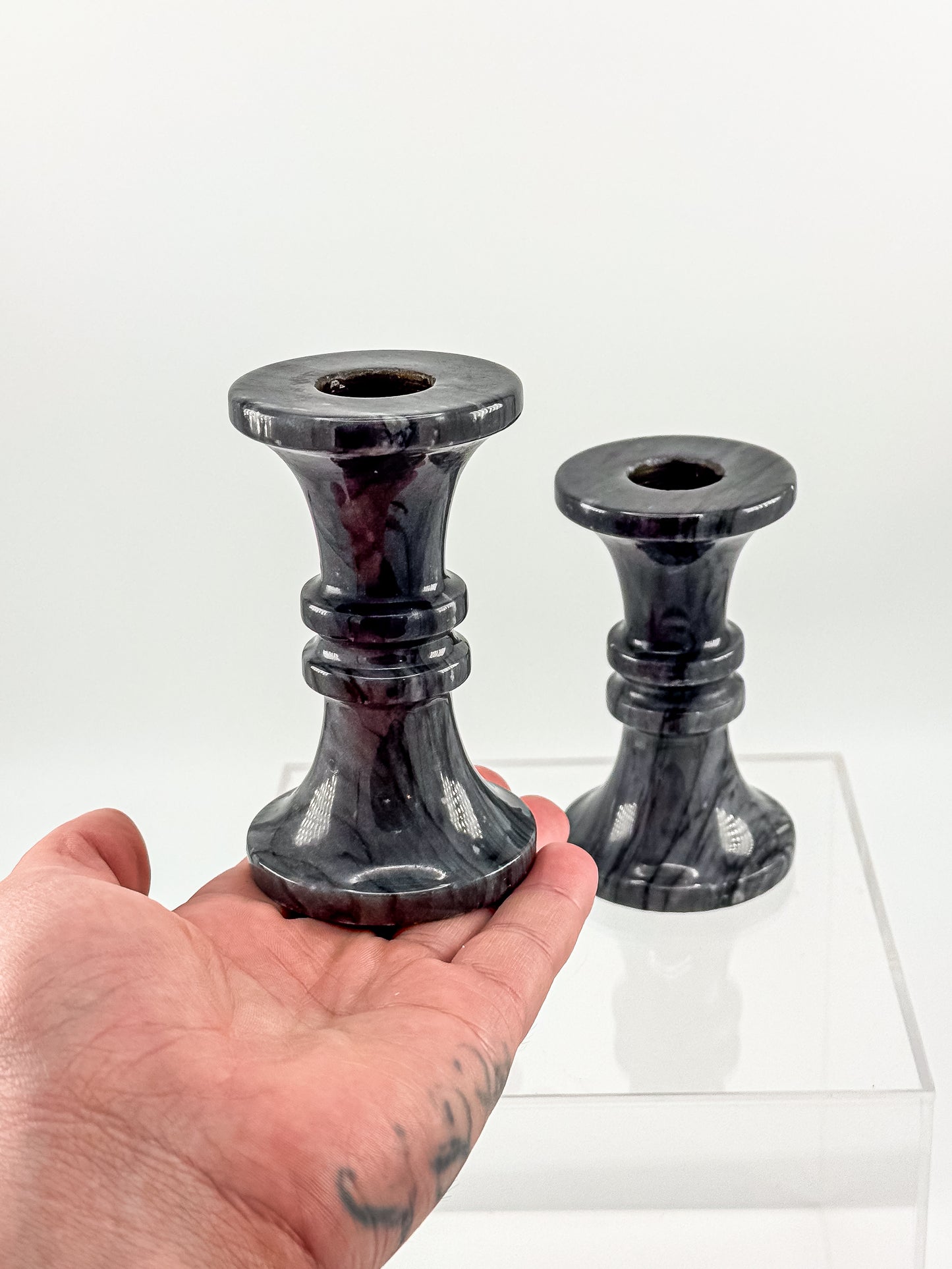 Vintage Black Marble Candlesticks - Pair