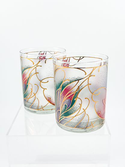 Culver Abstract Floral 22k Gold Rocks Glasses — Set of 2
