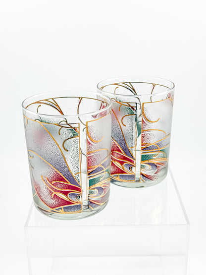 Culver Abstract Floral 22k Gold Rocks Glasses — Set of 2