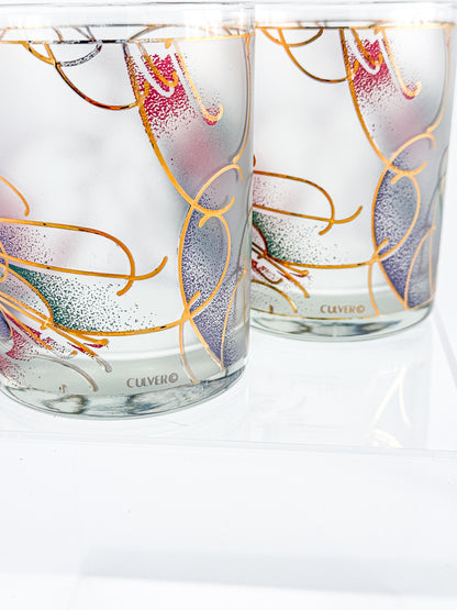 Culver Abstract Floral 22k Gold Rocks Glasses — Set of 2