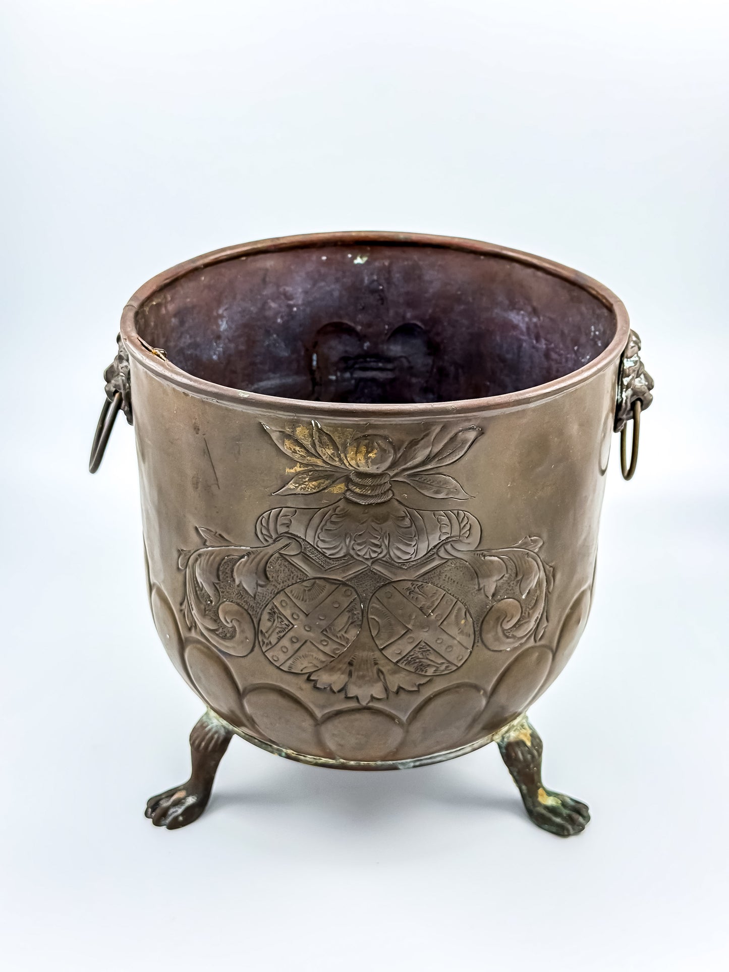 Antique Brass Footed Jardinière with Lion Handles