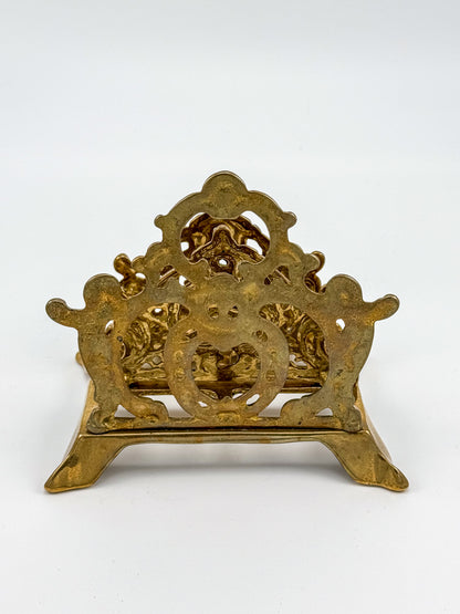 Vintage Brass Triple Letter Holder with Ornate Filigree Detail