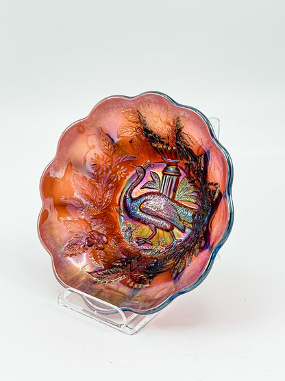 Millersburg Peacock Berry Bowl | No Bee | Red Amberina Carnival Glass | Early 1900s