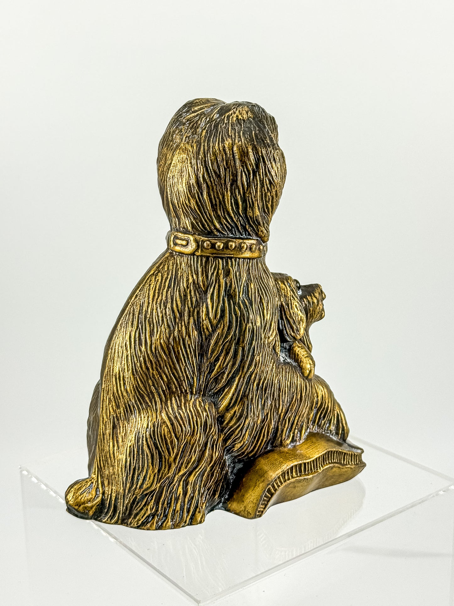 Vintage Bronze-Tone Dog & Pup Figurine with Orange Eyes — Hollow Base