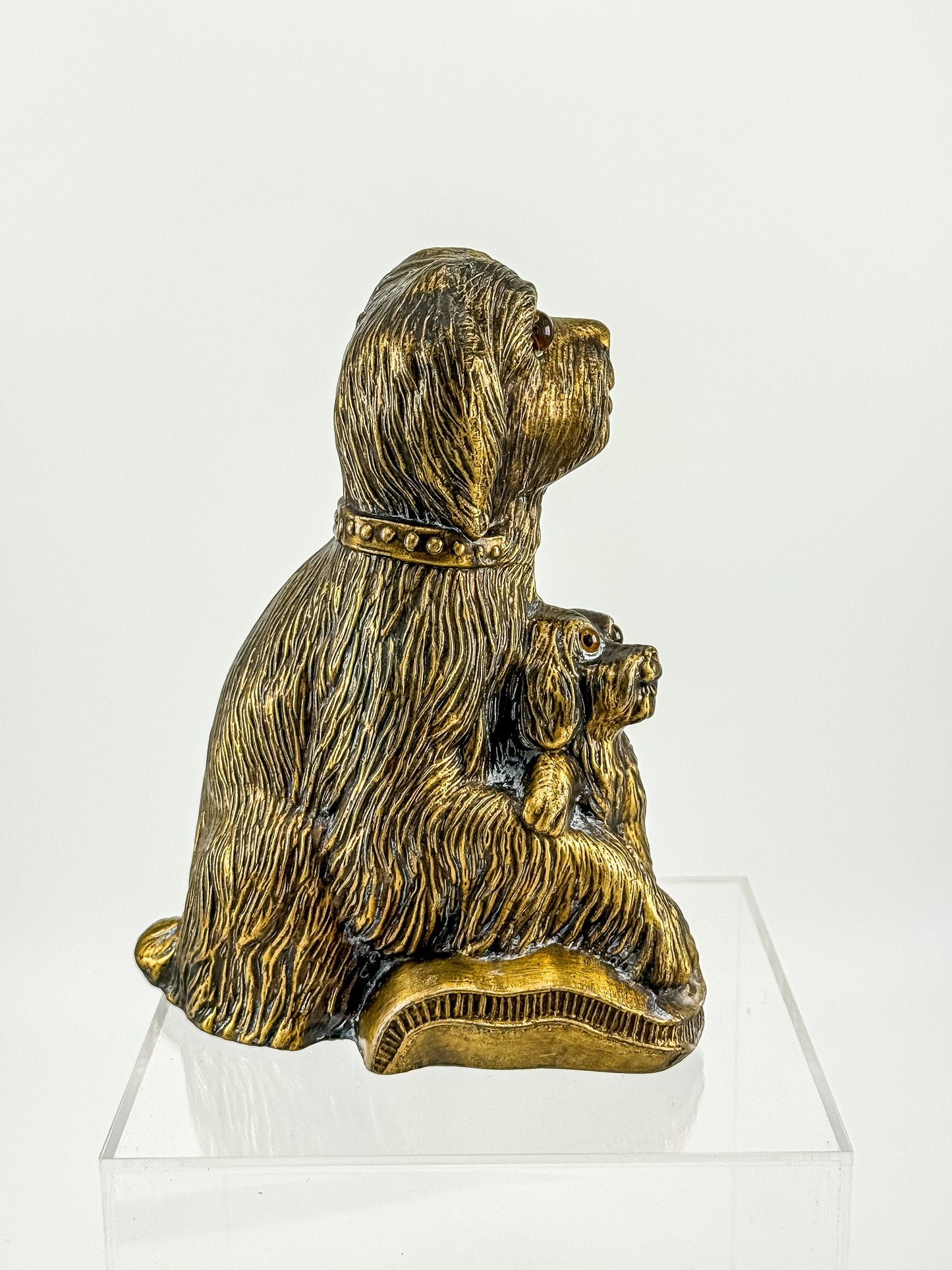 Vintage Bronze-Tone Dog & Pup Figurine with Orange Eyes — Hollow Base