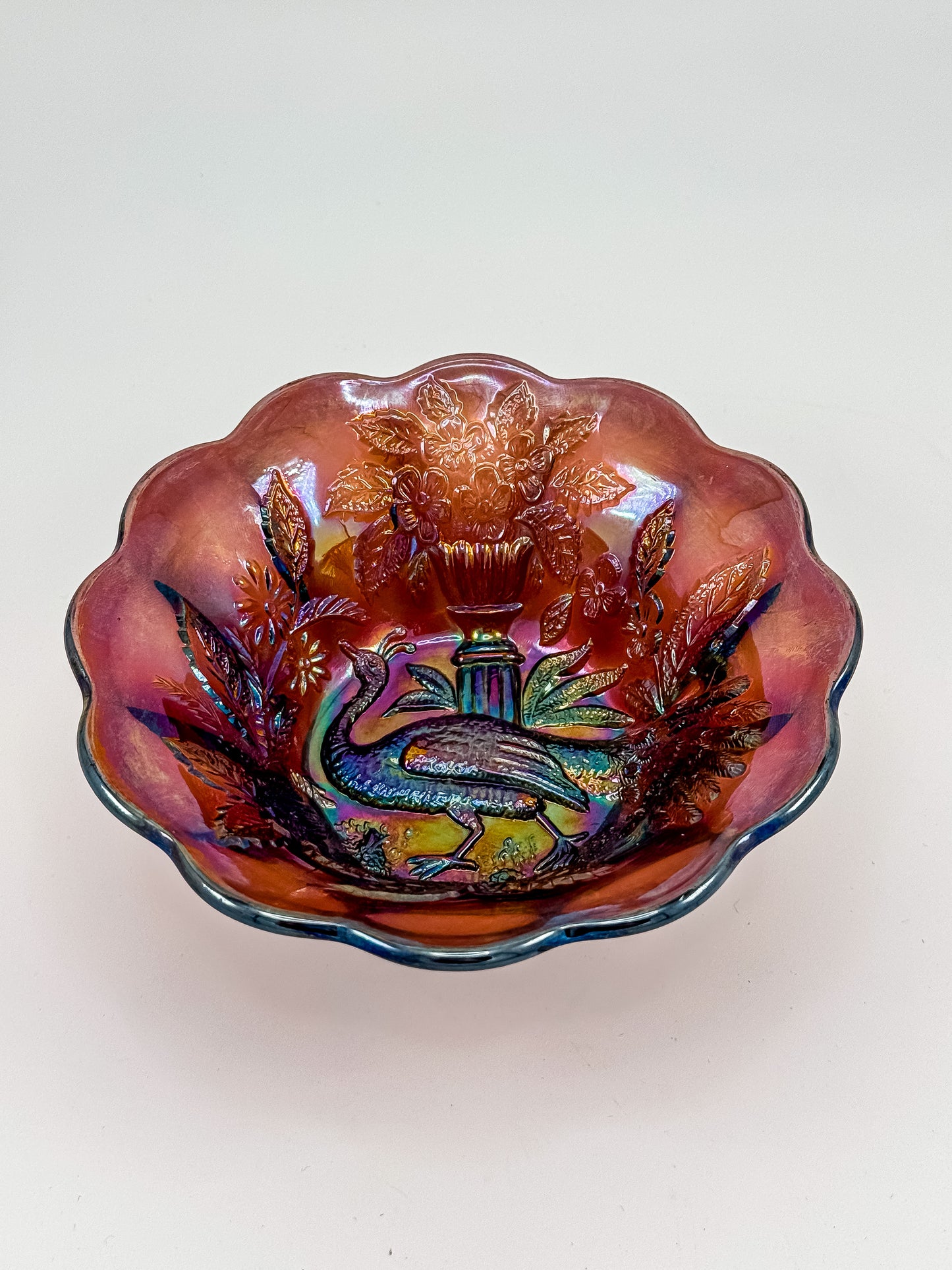 Millersburg Peacock Berry Bowl | No Bee | Red Amberina Carnival Glass | Early 1900s
