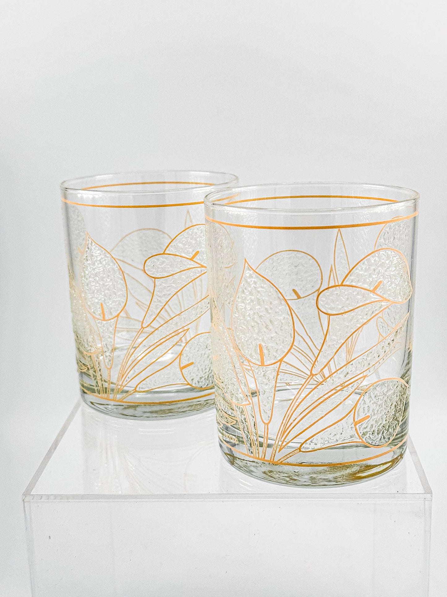 Culver "Ice Flower" Calla Lily 22k Gold Rocks Glasses — Set of 2