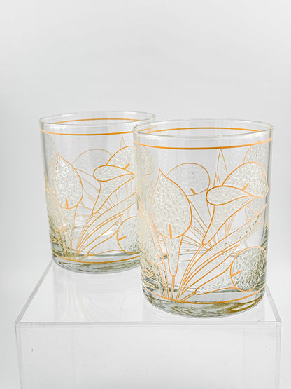 Culver "Ice Flower" Calla Lily 22k Gold Rocks Glasses — Set of 2