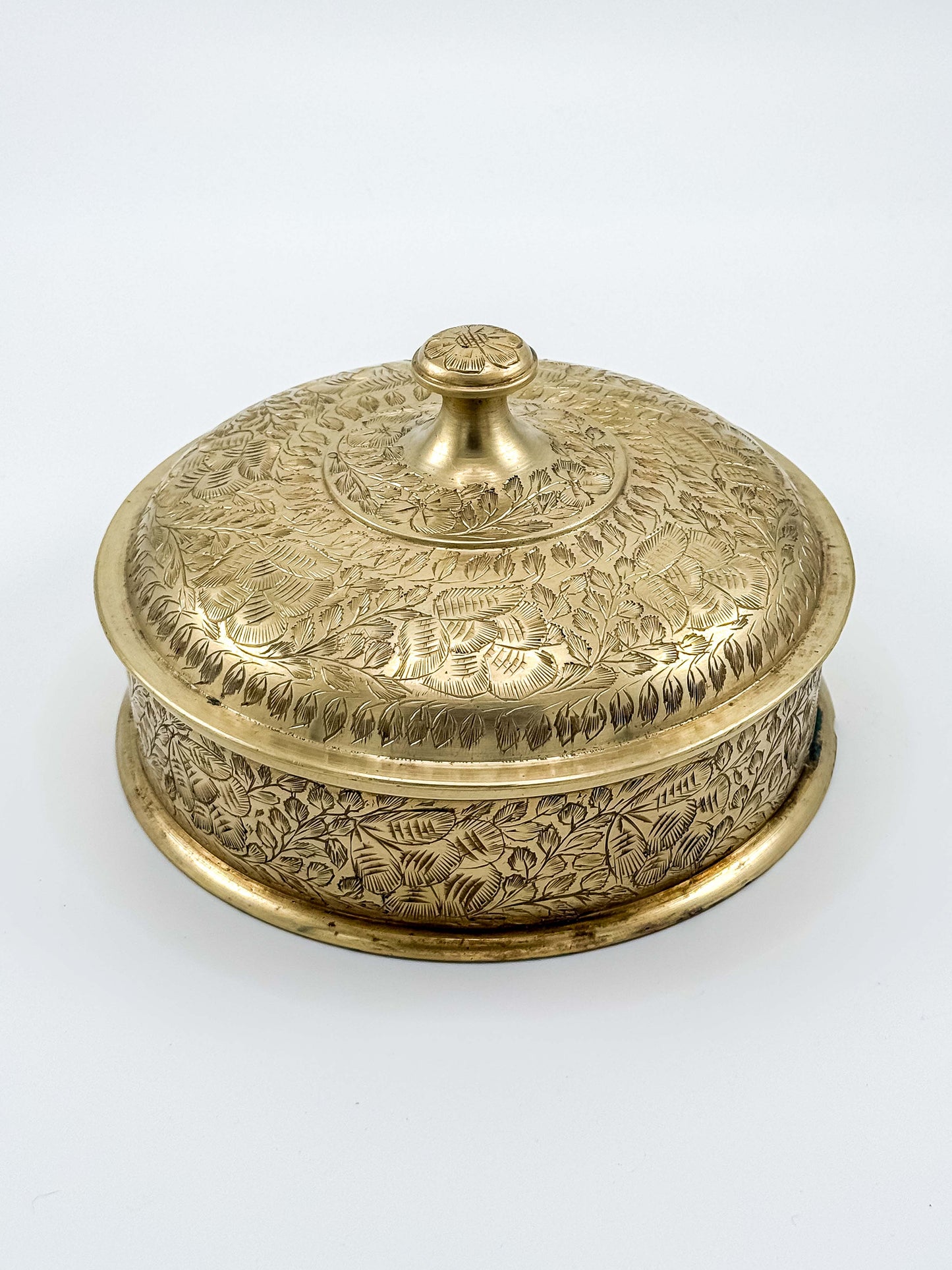 Vintage Brass Etched Floral Round Trinket Box