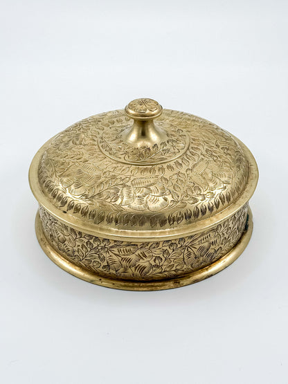 Vintage Brass Etched Floral Round Trinket Box