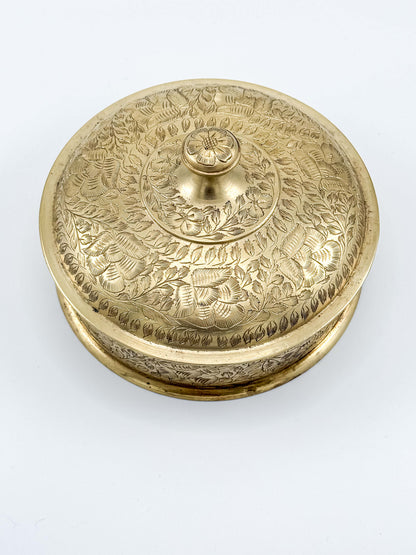 Vintage Brass Etched Floral Round Trinket Box