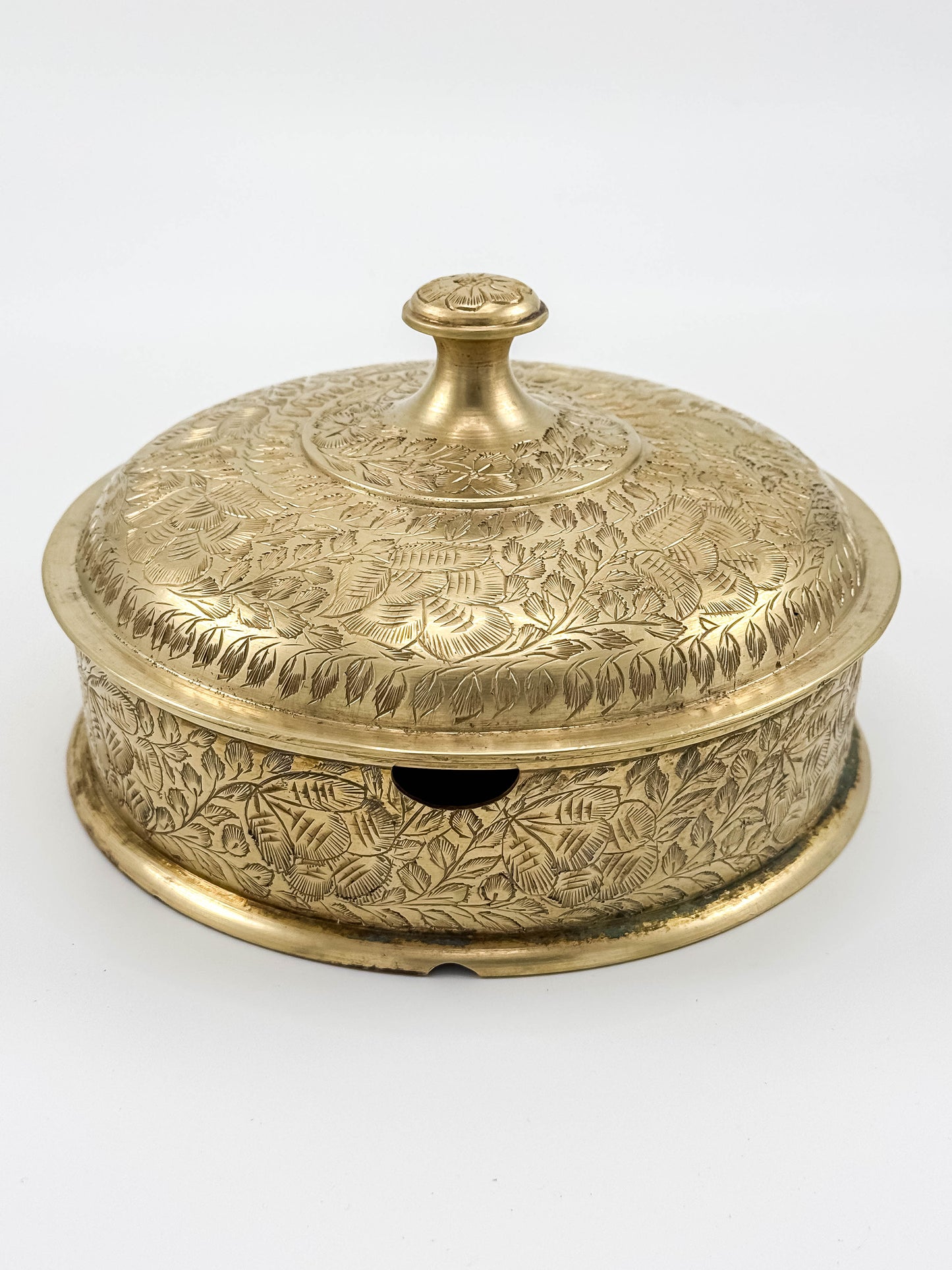 Vintage Brass Etched Floral Round Trinket Box