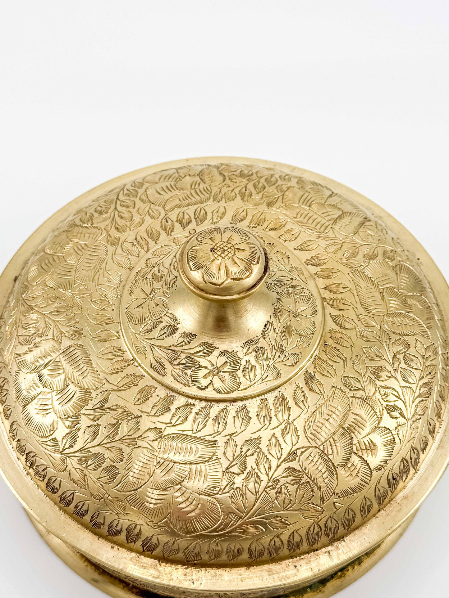 Vintage Brass Etched Floral Round Trinket Box