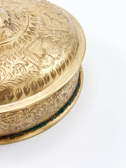 Vintage Brass Etched Floral Round Trinket Box
