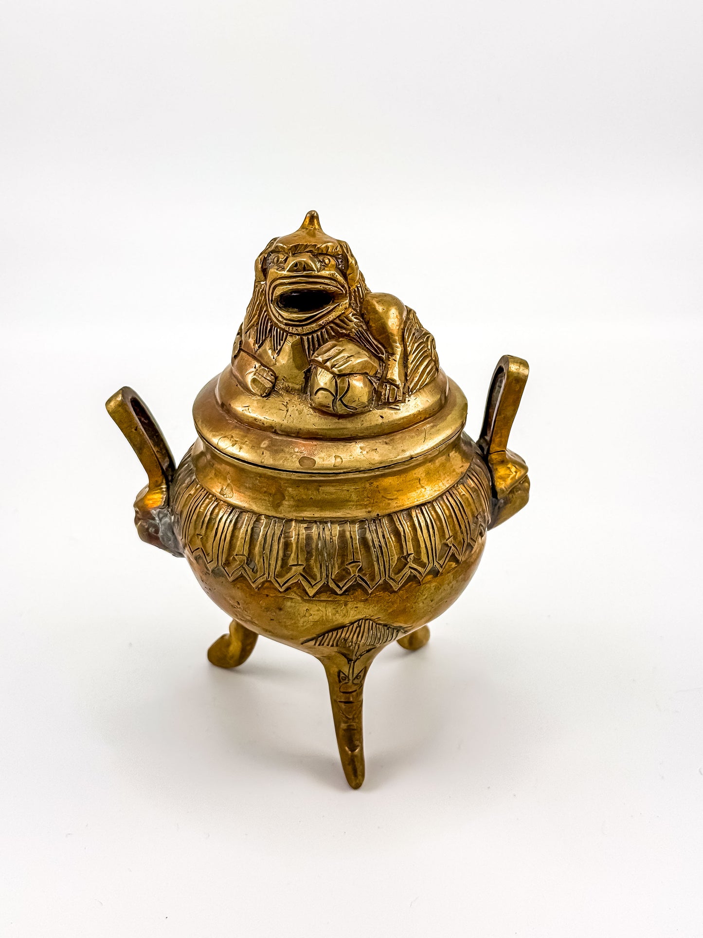Vintage Brass Foo Dog Tripod Incense Burner with Lid