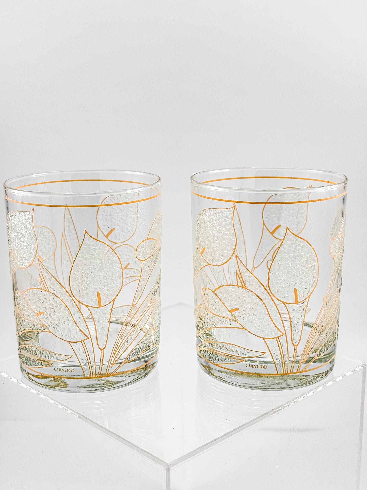 Culver "Ice Flower" Calla Lily 22k Gold Rocks Glasses — Set of 2