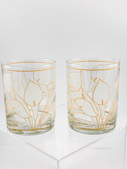Culver "Ice Flower" Calla Lily 22k Gold Rocks Glasses — Set of 2