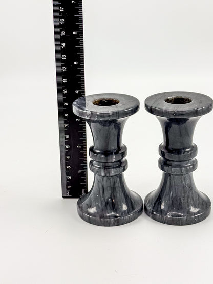 Vintage Black Marble Candlesticks - Pair