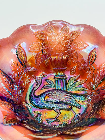 Millersburg Peacock Berry Bowl | No Bee | Red Amberina Carnival Glass | Early 1900s