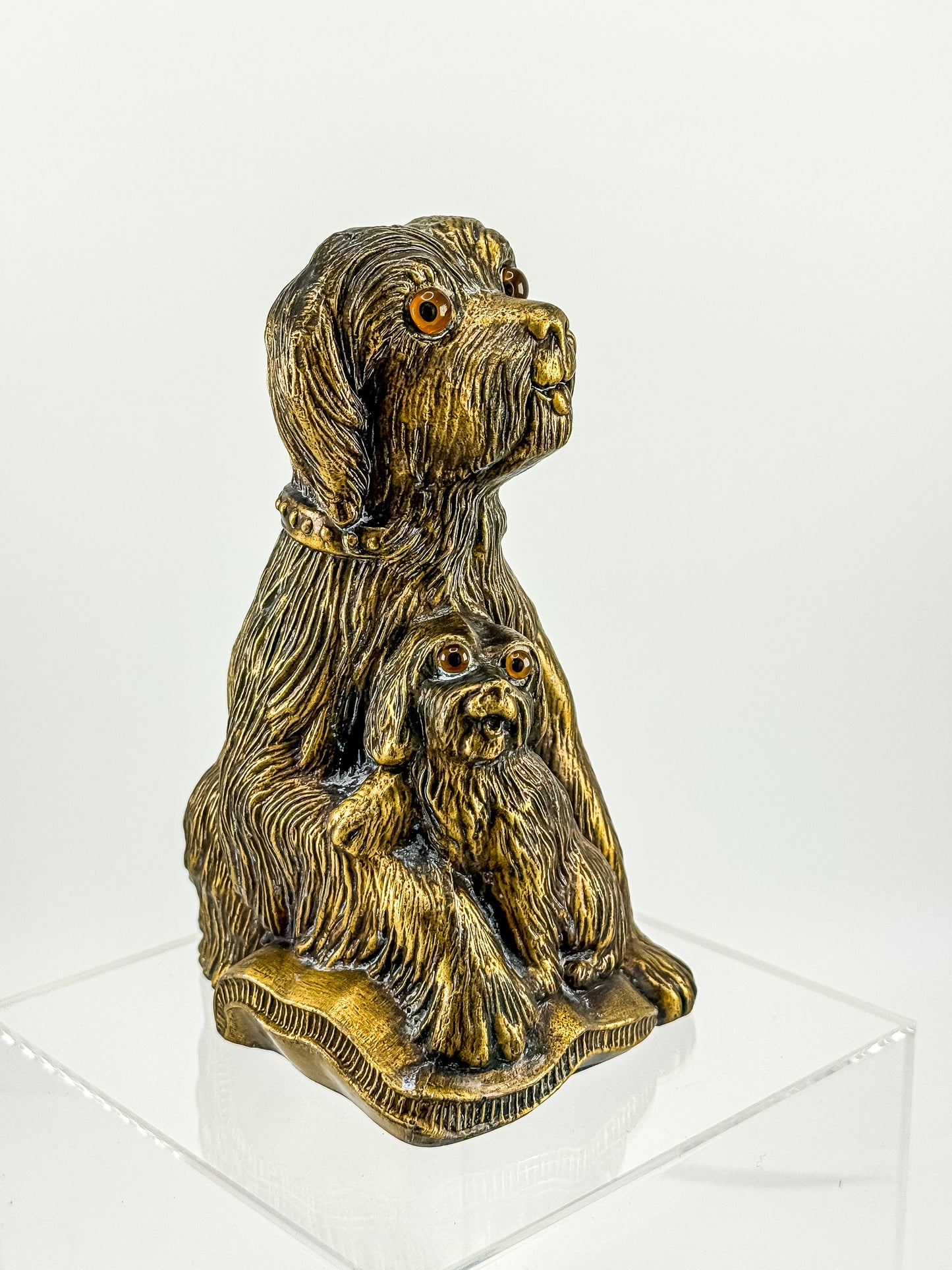 Vintage Bronze-Tone Dog & Pup Figurine with Orange Eyes — Hollow Base