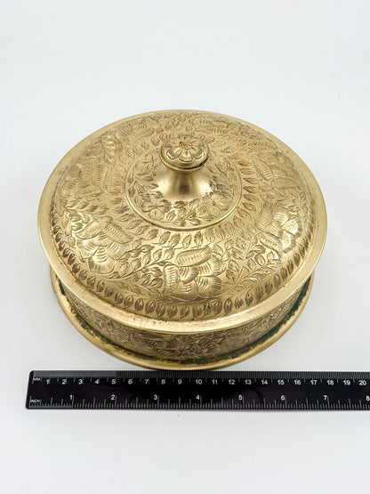 Vintage Brass Etched Floral Round Trinket Box
