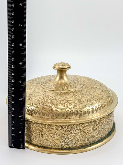 Vintage Brass Etched Floral Round Trinket Box