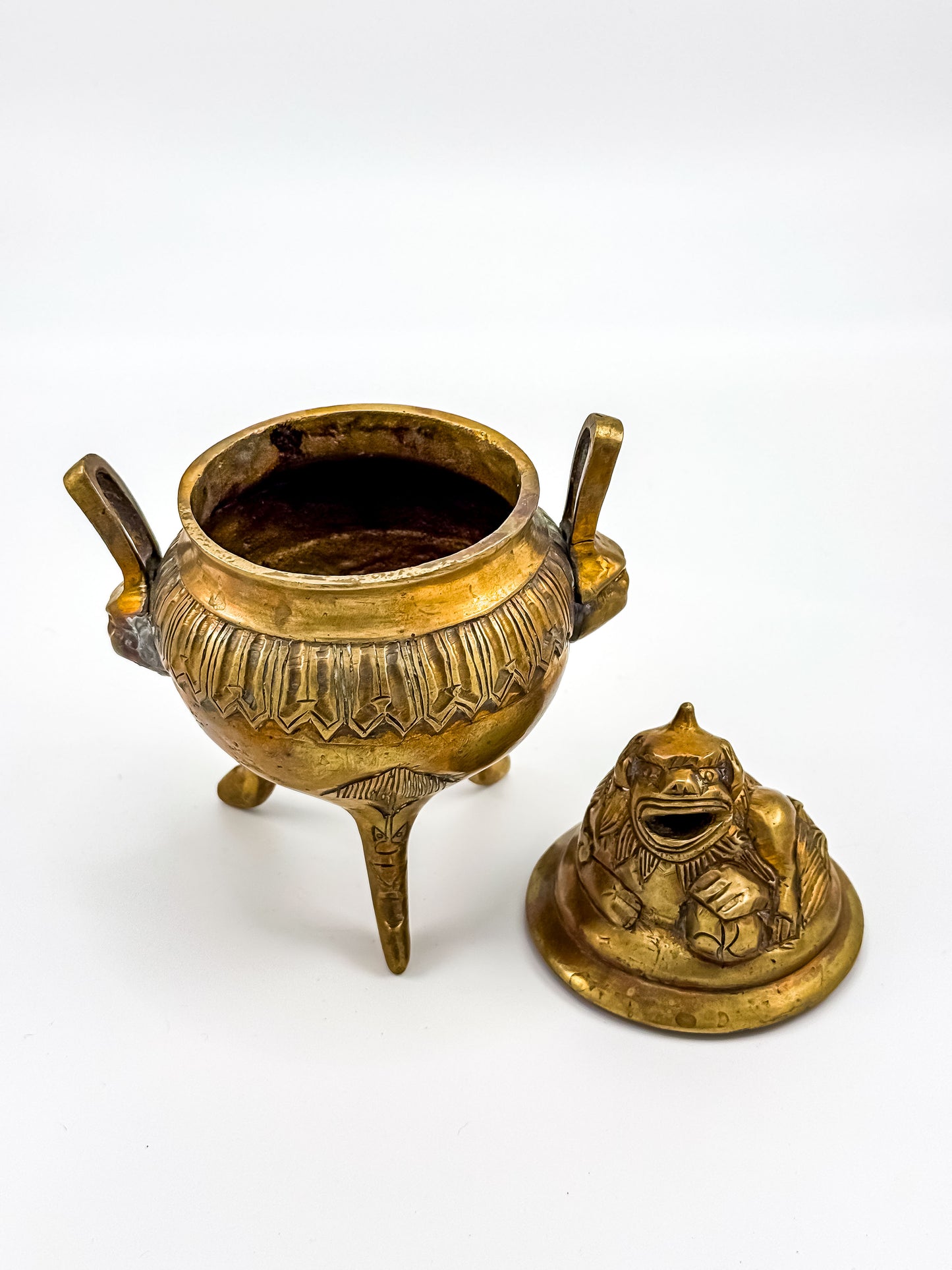 Vintage Brass Foo Dog Tripod Incense Burner with Lid