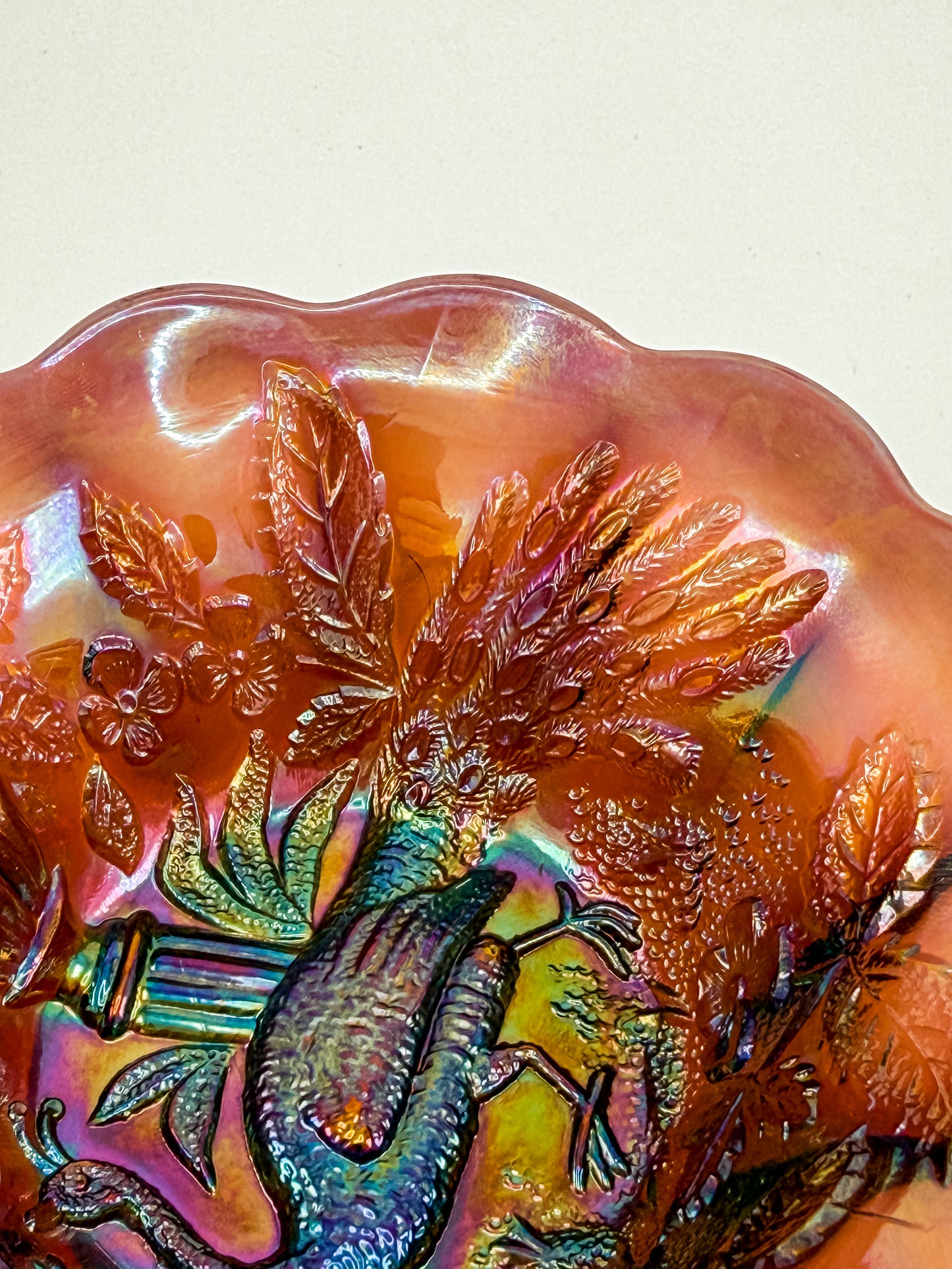 Millersburg Peacock Berry Bowl | No Bee | Red Amberina Carnival Glass | Early 1900s