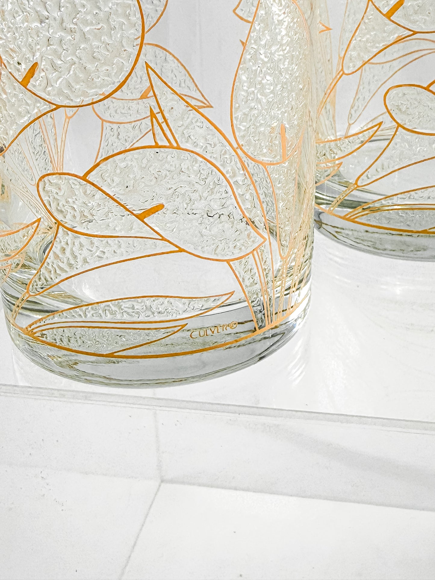 Culver "Ice Flower" Calla Lily 22k Gold Rocks Glasses — Set of 2