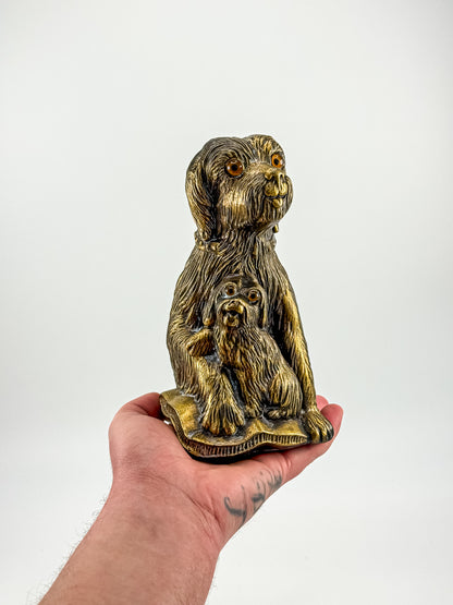 Vintage Bronze-Tone Dog & Pup Figurine with Orange Eyes — Hollow Base